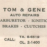 1950S Tom & Gene Auto Repairs Carburetor Ignition Brakes Clutch Shop Card. Fixed Price $19.25.